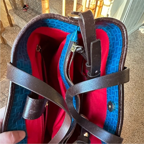 Dooney & Bourke Bright Blue Woven Leather Bucket Bag with Brown Trim - Picture 13 of 13